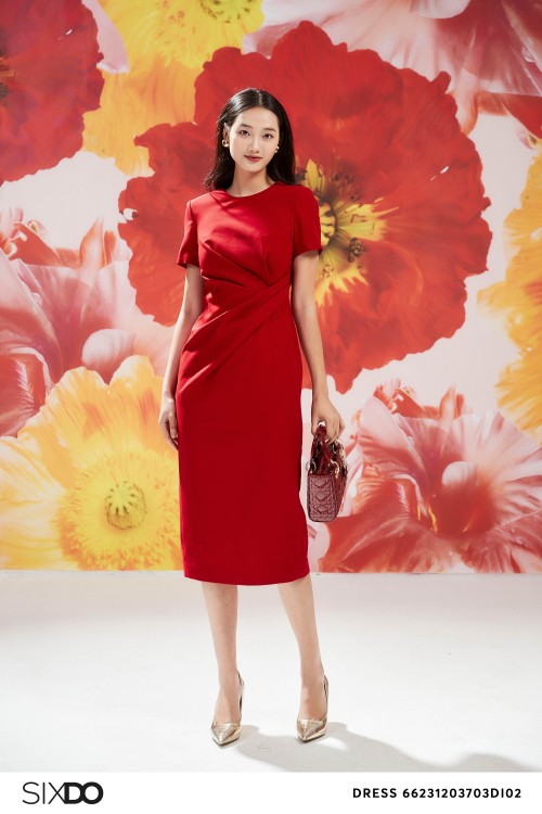 Sixdo Red Short Sleeves Woven Midi Dress